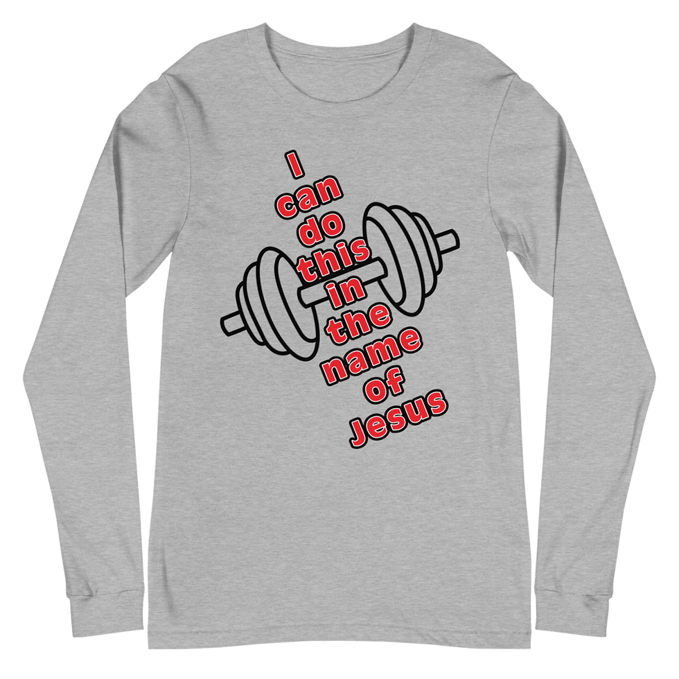gray long sleeve sweat shirt on that says I can do this in the name of Jesus.