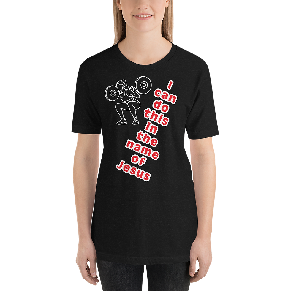 Thumbnail: woman with a black short sleeve shirt on that says I can do this in the name of Jesus.