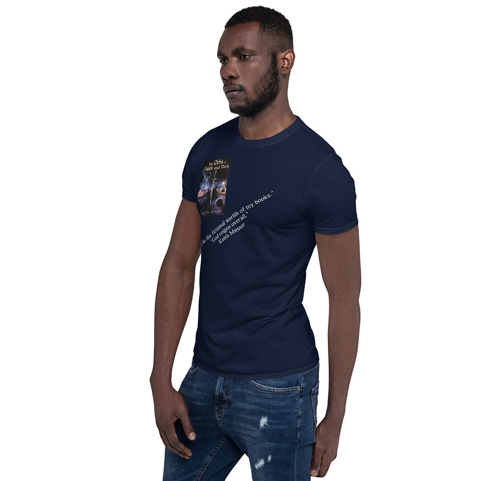 Thumbnail: man wearing a dark blue, the orbs of light and dark t-shirt