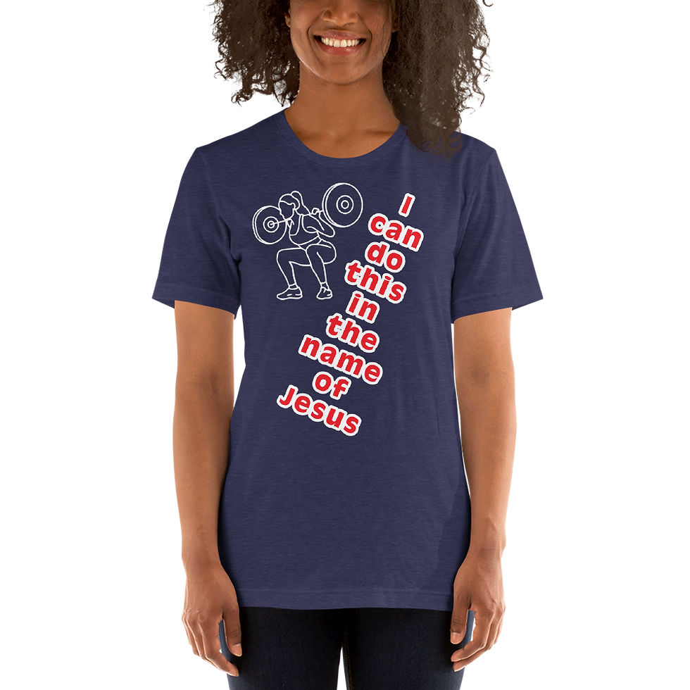 Thumbnail: woman with a  short purple sleeve shirt on that says I can do this in the name of Jesus.