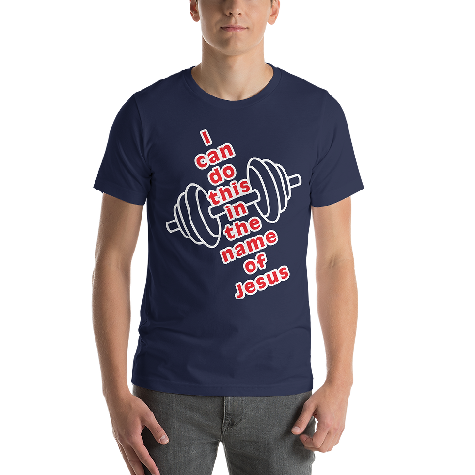 Thumbnail: man wearing a navy short sleeve shirt on that says I can do this in the name of Jesus.