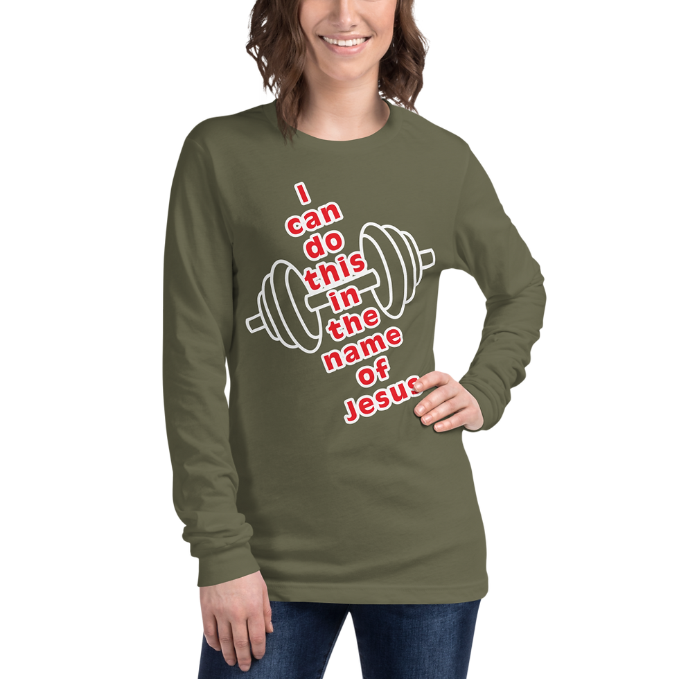 Thumbnail: woman with a green long sleeve sweat shirt on that says I can do this in the name of Jesus.