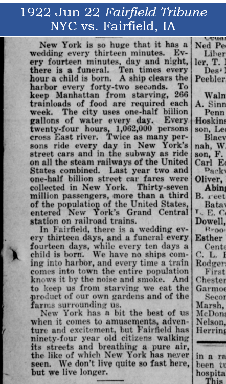Fairfield IA vs. NYC -1922