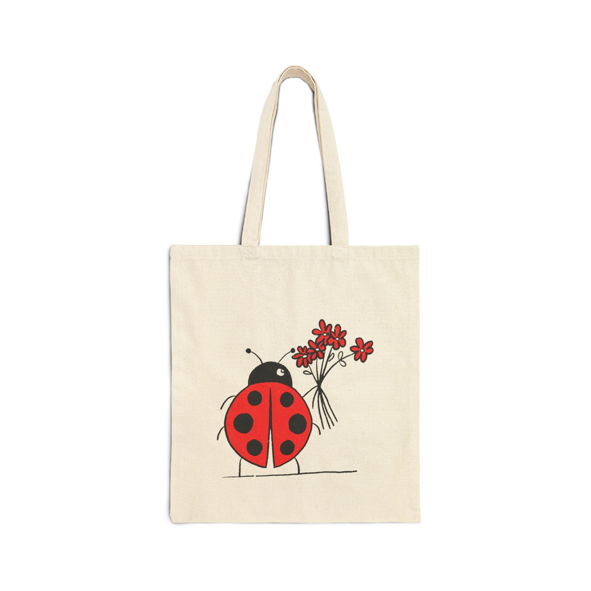 Tote Bag — Cute Ladybug Holding Red Flowers Canvas Tote