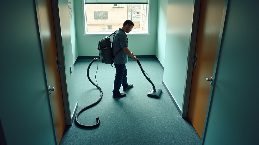 High angle view of a janitor vacuuming an office carpet