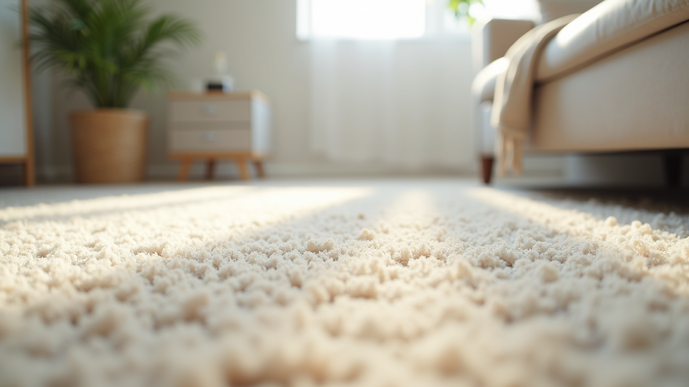 Eye-level view of a clean, freshly washed carpet drying in a bright room