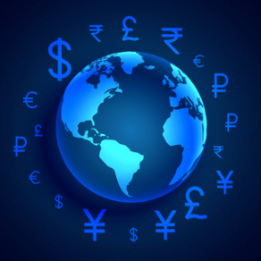 the globe in navy and blue and currency symbols around it.