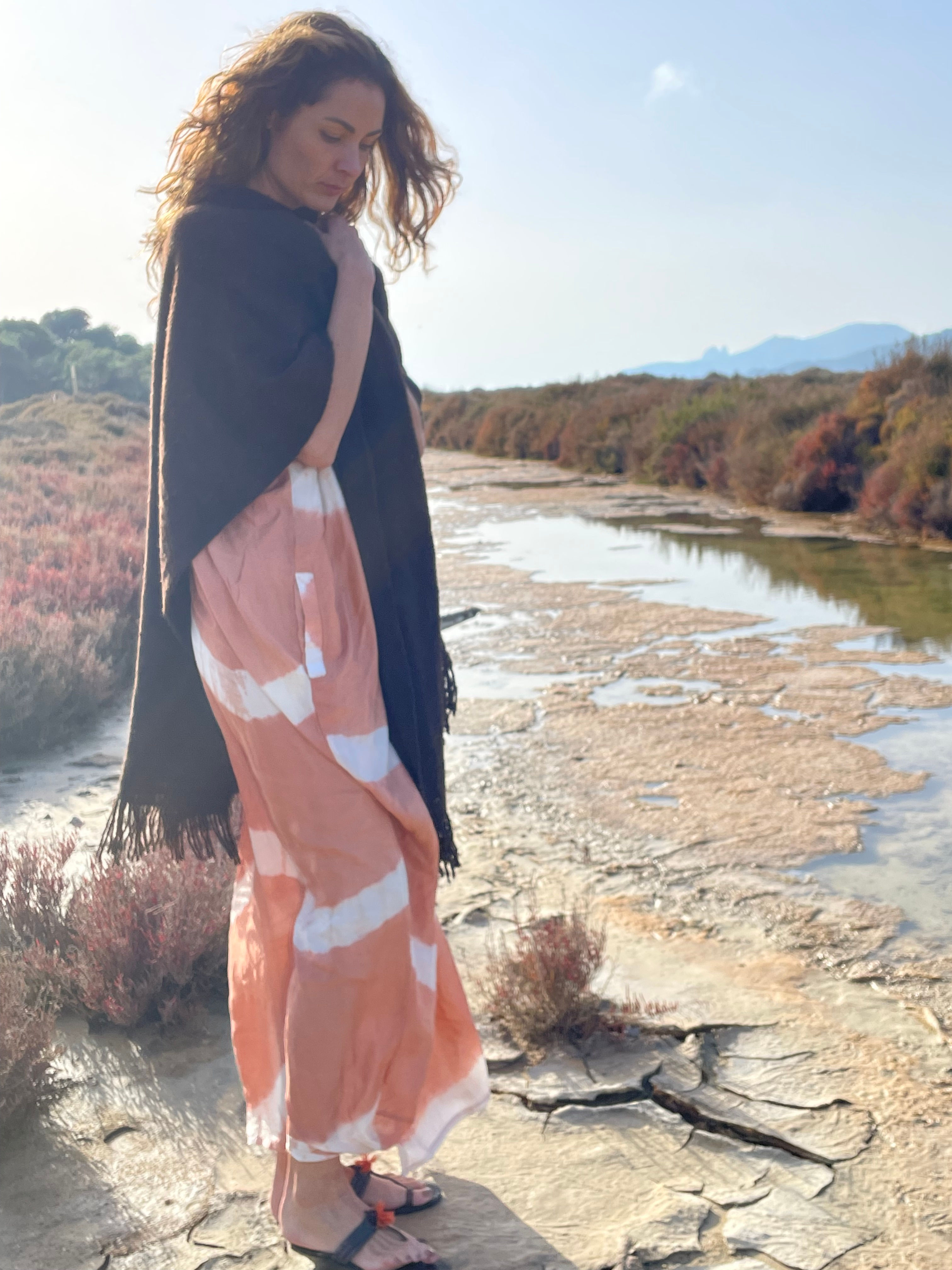 Silk tie dye kaftan with handmade embroidery