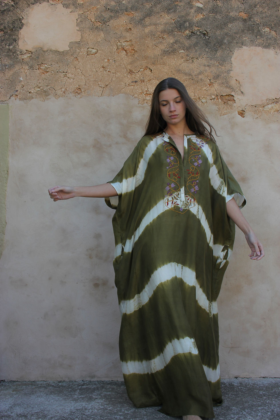 Thumbnail: Handmade tie-dye silk dress SS26 in Olive by Elpelut