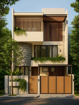 Modern home exterior with wooden elements and a beautiful design. Nammaa Nest.