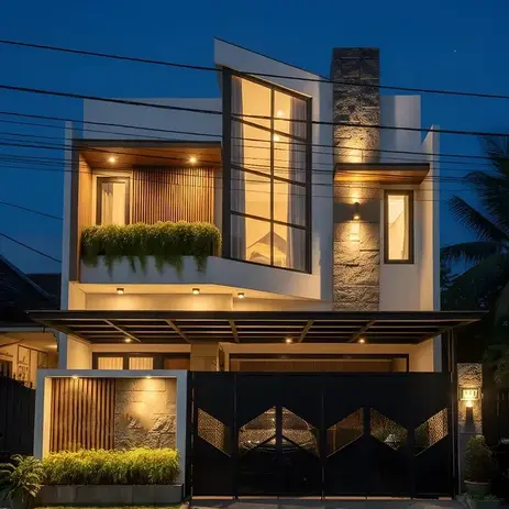 Modern home exterior with illuminated windows at night, Nammaa Nest.