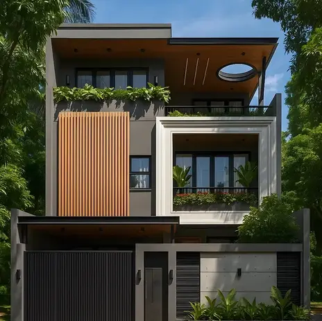 Modern home exterior with wooden panels, windows, and lush greenery Exteriors. Nammaa Nest | Home Construction Company