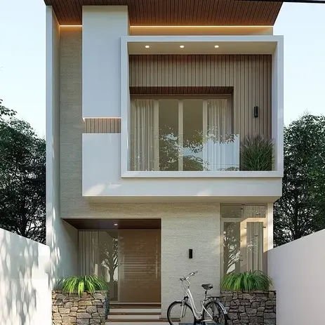 Modern two-story house with balcony and bike in front Exteriors Nammaa Nest | Home Construction Company