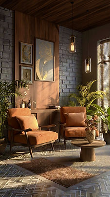 Home interior service Cozy living room with two chairs, paintings, plants, and natural light shining in.