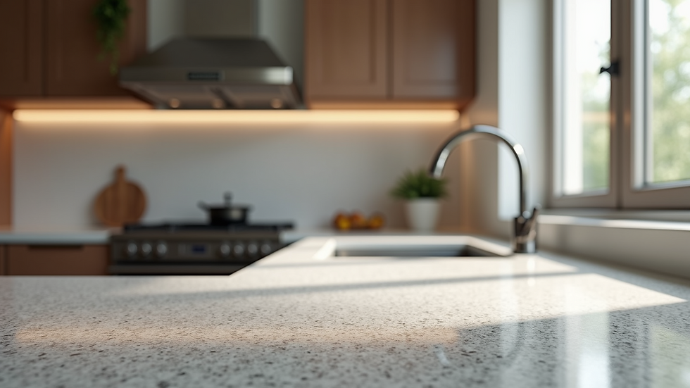 Eye-level view of modern kitchen countertop with granite surface