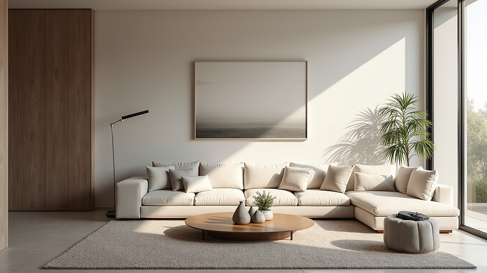 Eye-level view of a modern living room designed with minimalist furniture