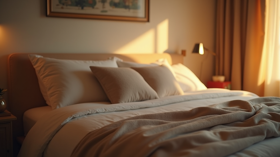Close-up view of a cozy bedroom with warm lighting and contemporary decor