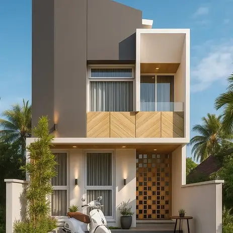 Modern home exterior design with scooter and lush landscaping, Exteriors. Nammaa Nest | Home Construction Company