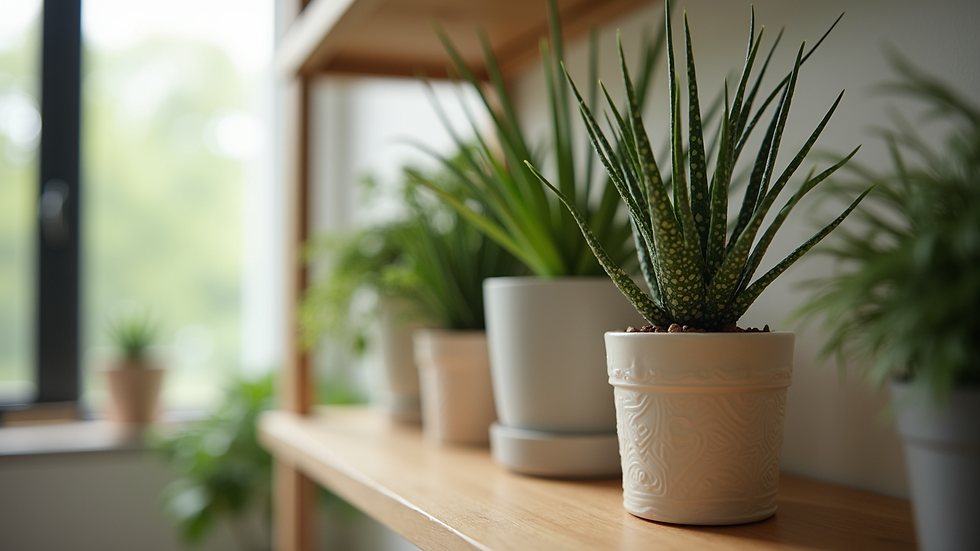 Close-up view of indoor plants placed on a wooden shelf in a living room