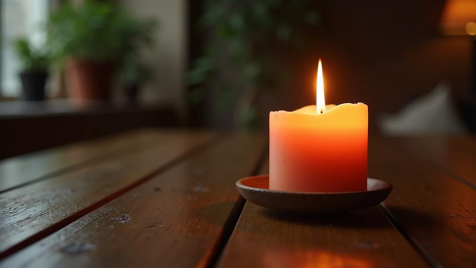 Close-up view of a lit candle on a wooden table