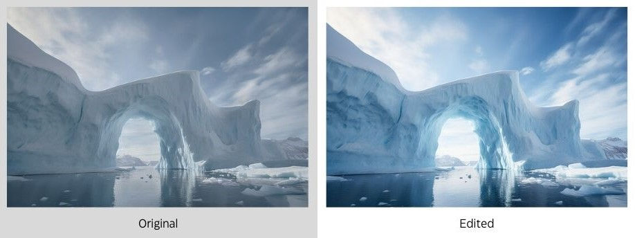 A before and after image of an edited iceberg photo