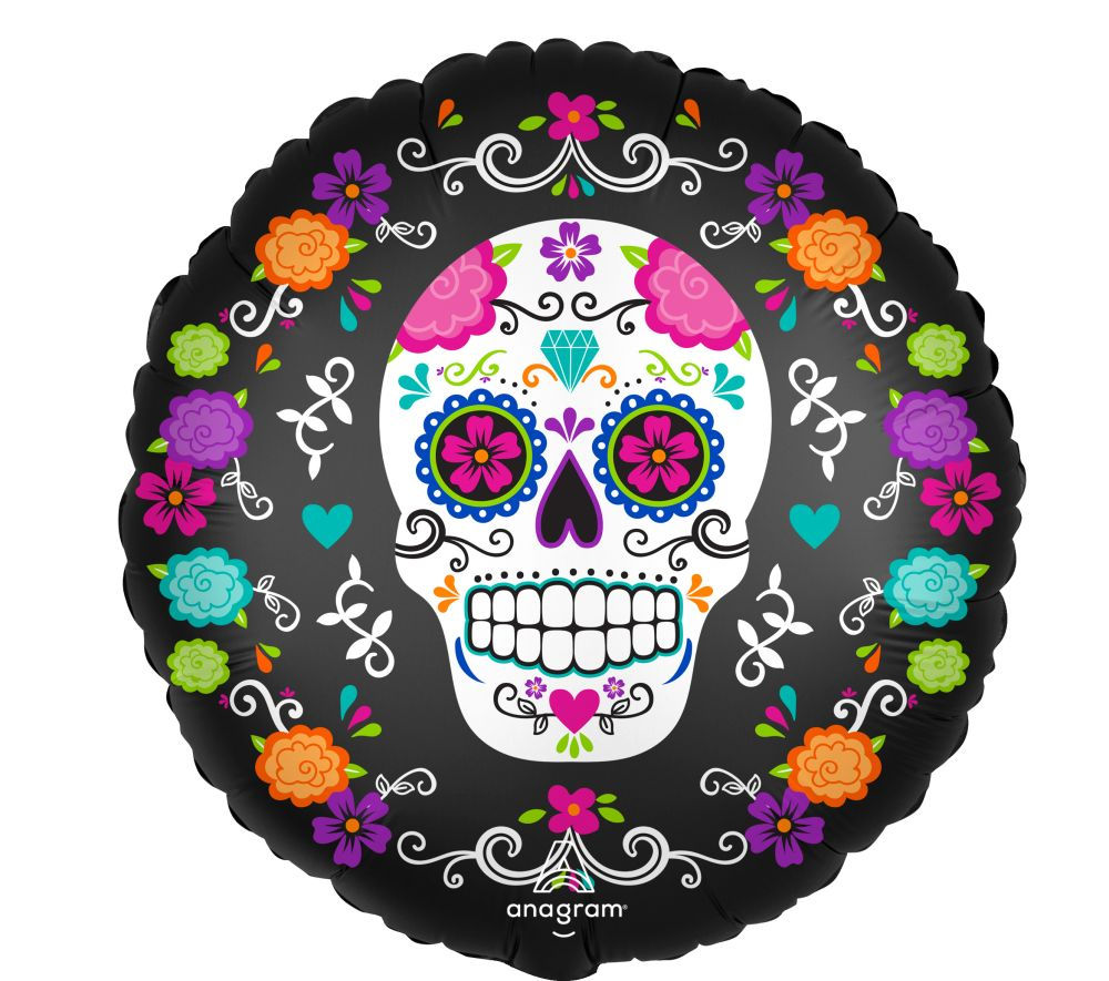 18" Satin Sugar Skull and Marigold Balloon