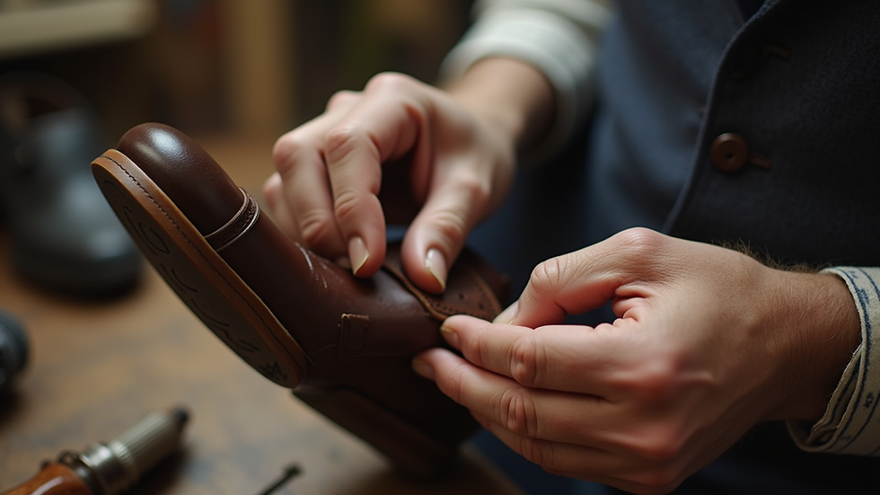 Close-up view of a cobbler repairing a leather shoe sole