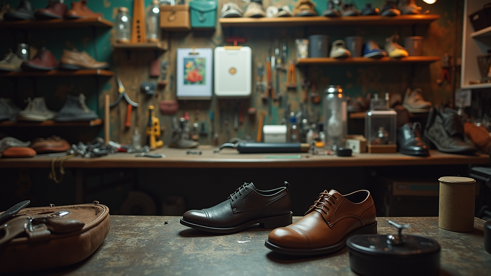 Eye-level view of a local shoe repair shop with tools and shoes on display