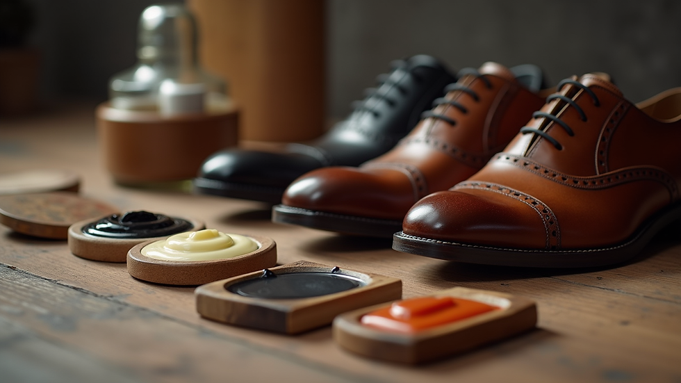 Eye-level view of leather shoe polish and brushes arranged neatly