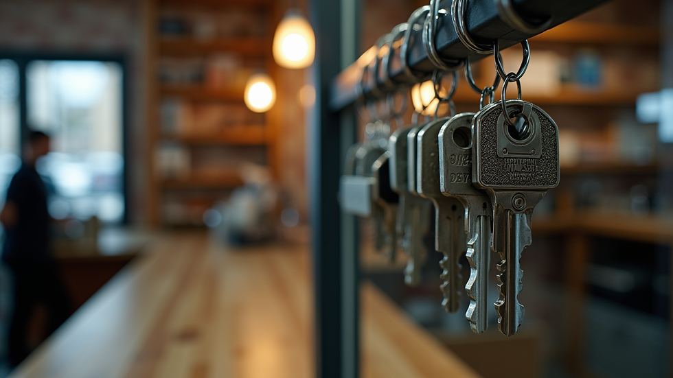 Eye-level view of a locksmith shop counter with keys hanging on display