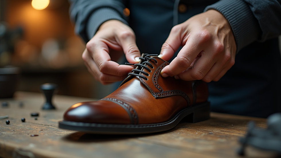 Eye-level view of a cobbler stitching a leather shoe