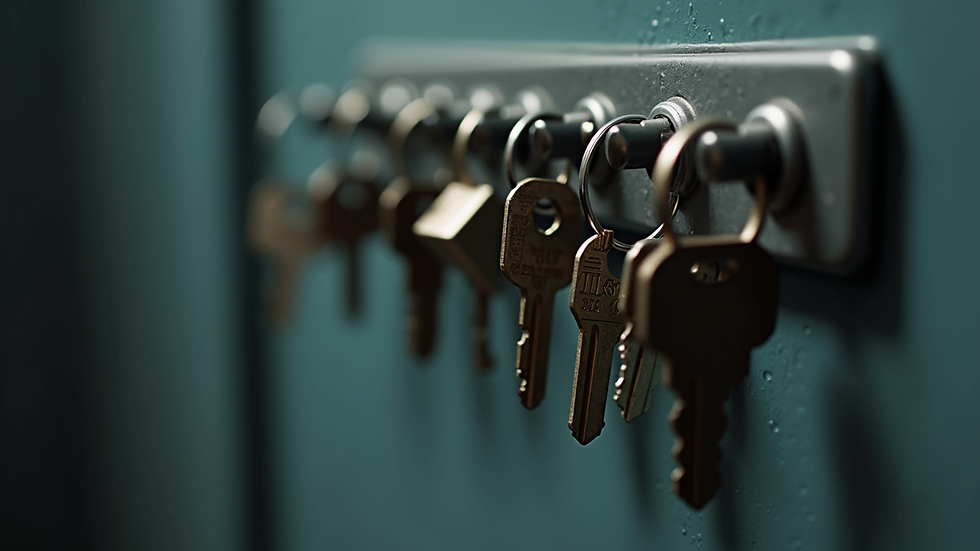 High angle view of a key rack with various keys hanging