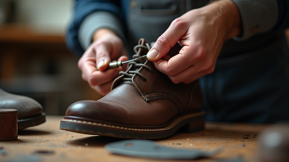 Close-up view of a cobbler repairing a boot sole