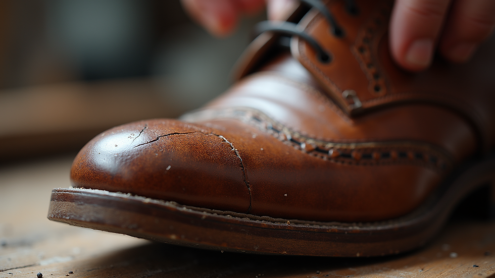 Eye-level view of a leather shoe with visible cracks being treated with leather filler