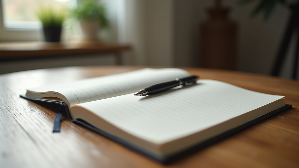Close-up view of a journal and pen on a wooden table, symbolizing reflection and progress