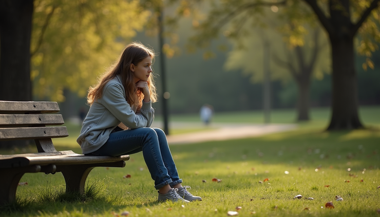 Eye-level view of a teenage girl sitting alone on a park bench looking thoughtful