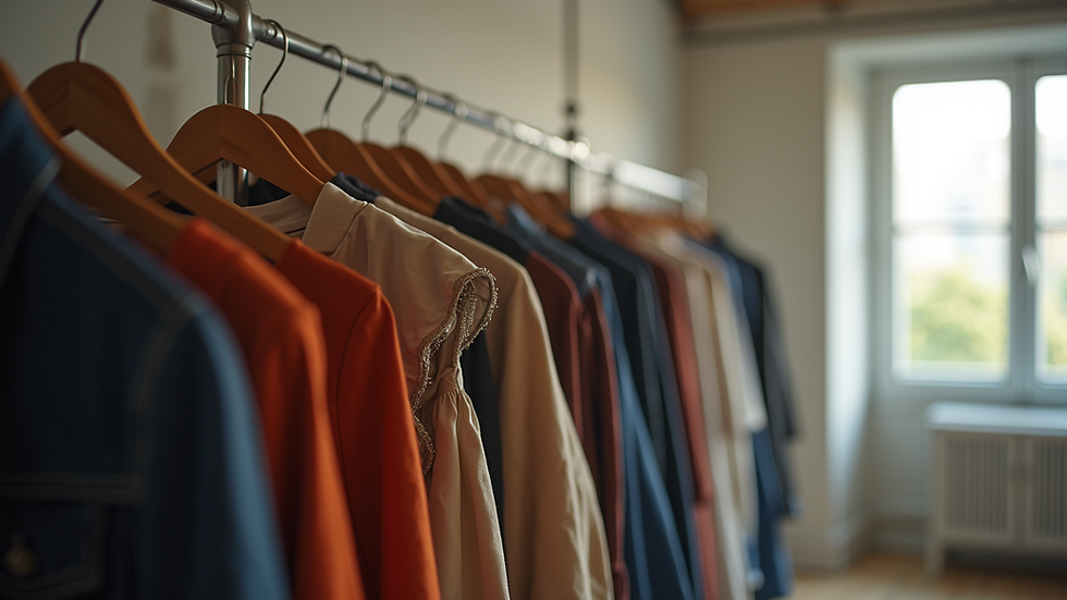Eye-level view of a clothing rack displaying essential wardrobe pieces