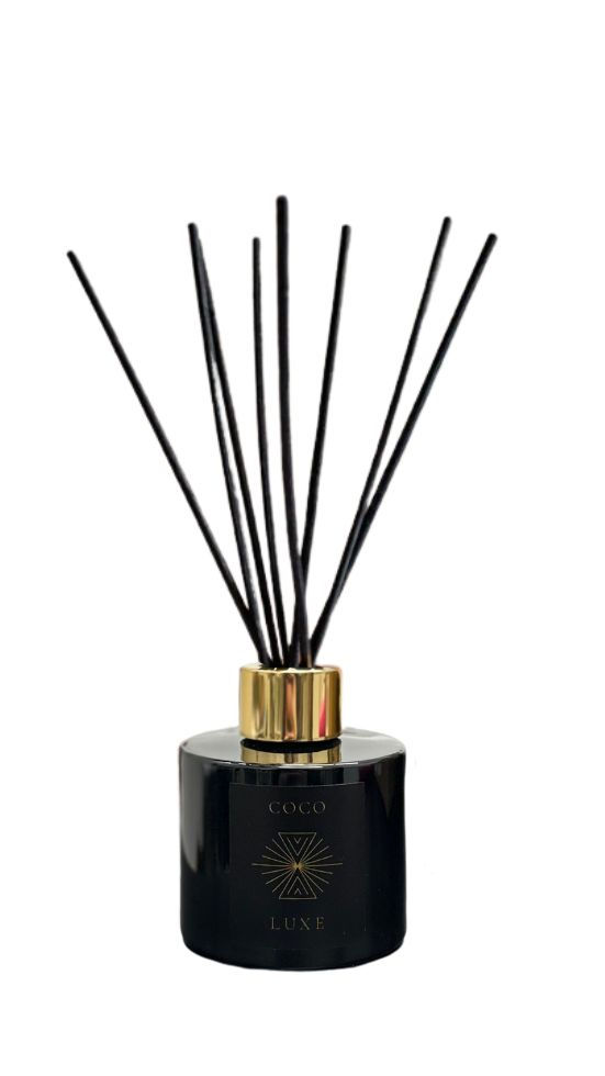 Thumbnail: black gloss and gold 100ml diffuser with black reeds