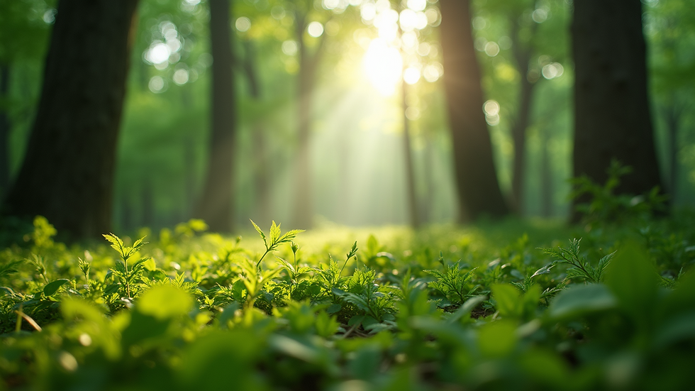 Eye-level view of a lush green forest with sunlight filtering through the leaves