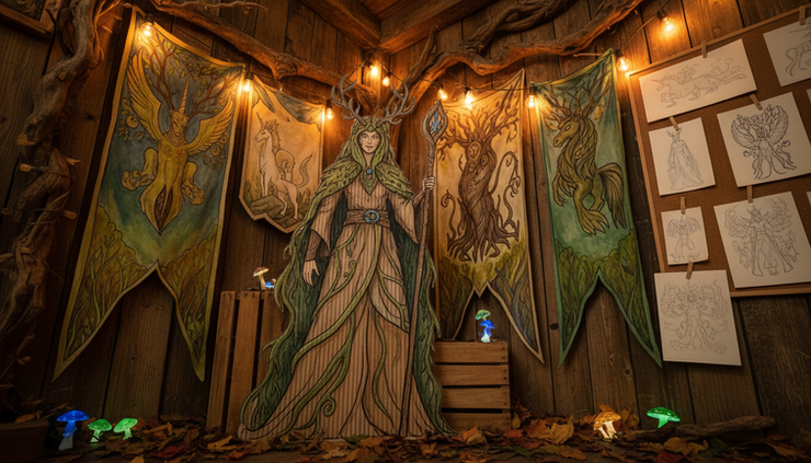 Low-angle view of a druid standee near illustrated festival banners