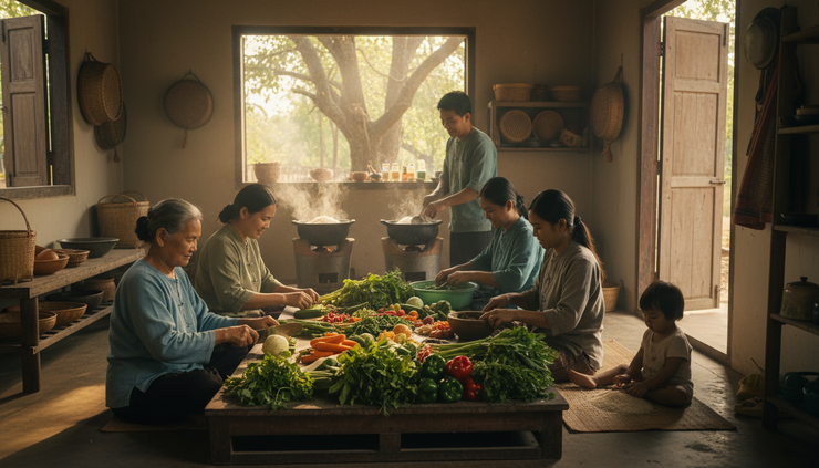 Eye-level view of a multigenerational family preparing food in an open home kitchen