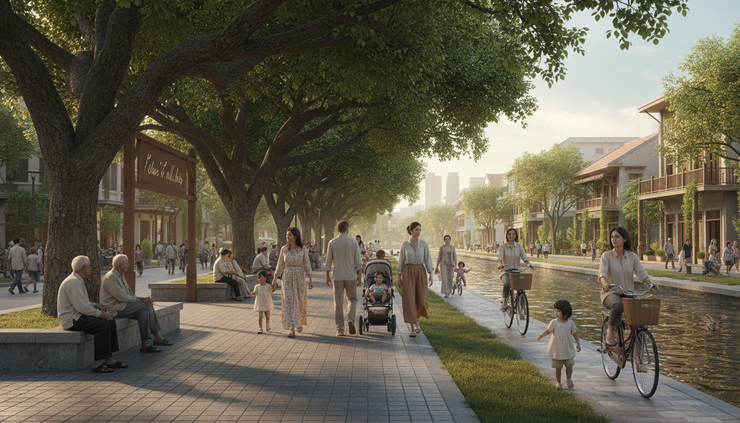 Wide-angle view of people of many ages resting and cycling near a tree-lined canal