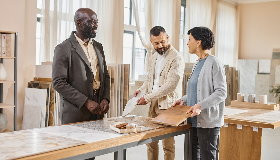 A showroom consultant qualifies customer needs before recommending materials.