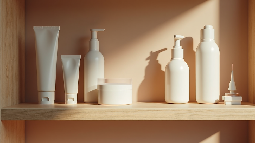 Eye-level view of skincare products arranged neatly on a wooden shelf