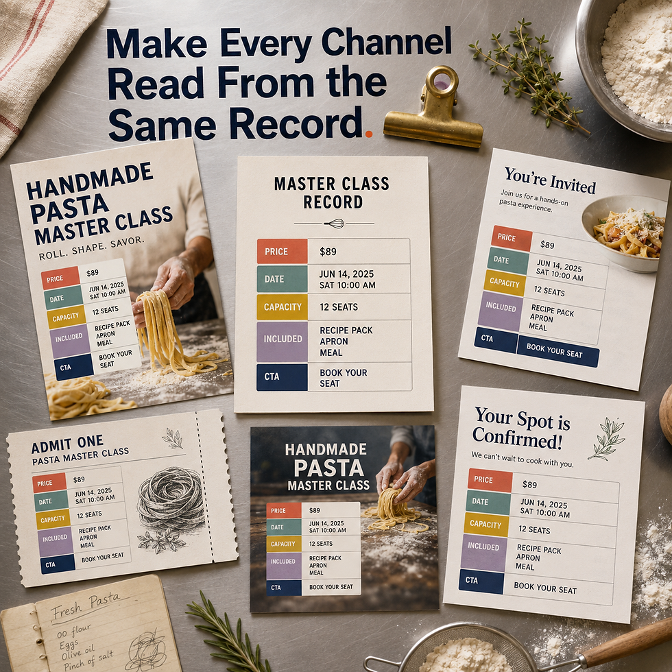 A cooking-class campaign graphic shows every channel reading the same price, date, capacity, and inclusion record.