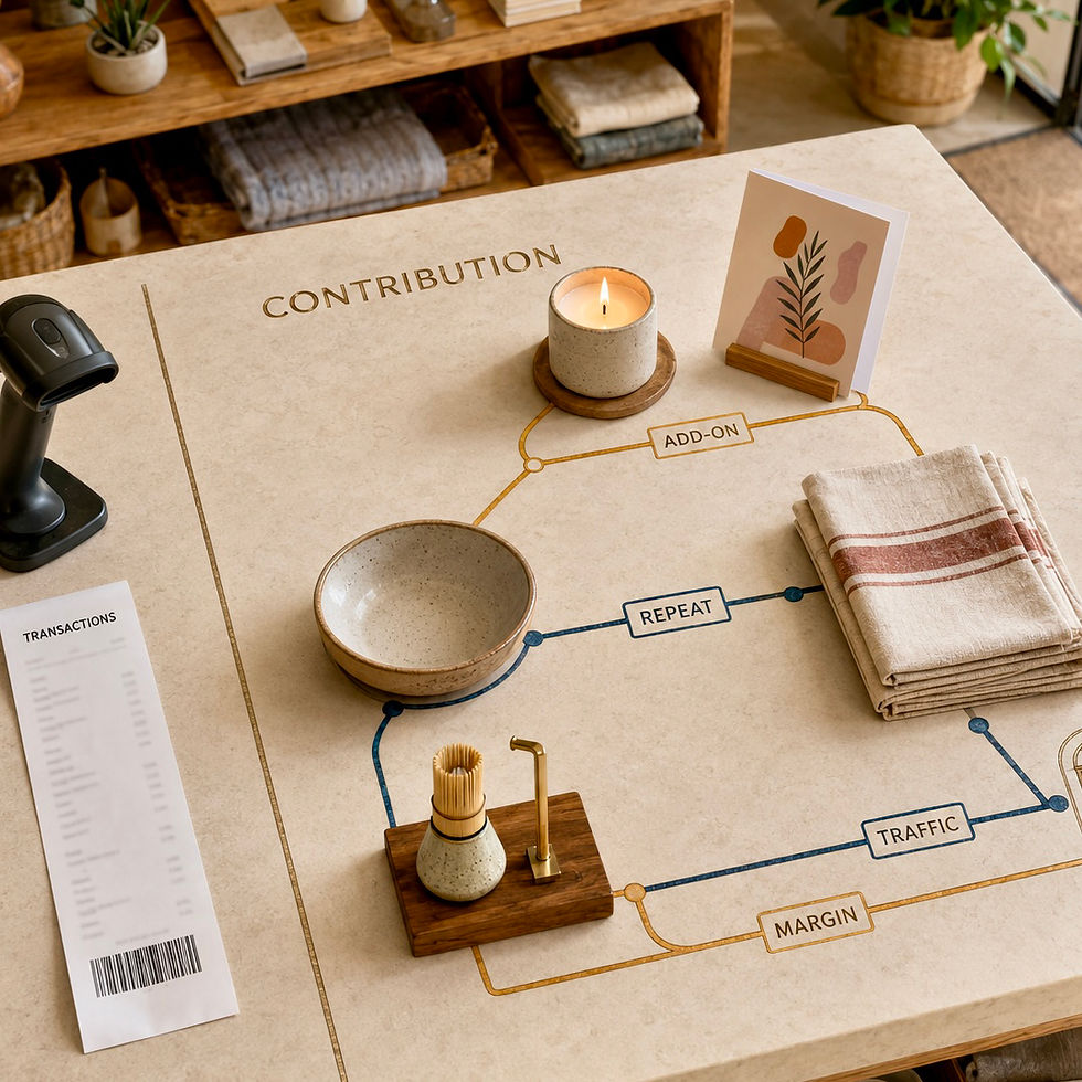 l “contribution map”: transactions remain isolated on the receipt, while the connected products reveal add-on purchases, repeat behavior, traffic, and margin—without ranking winners and losers.