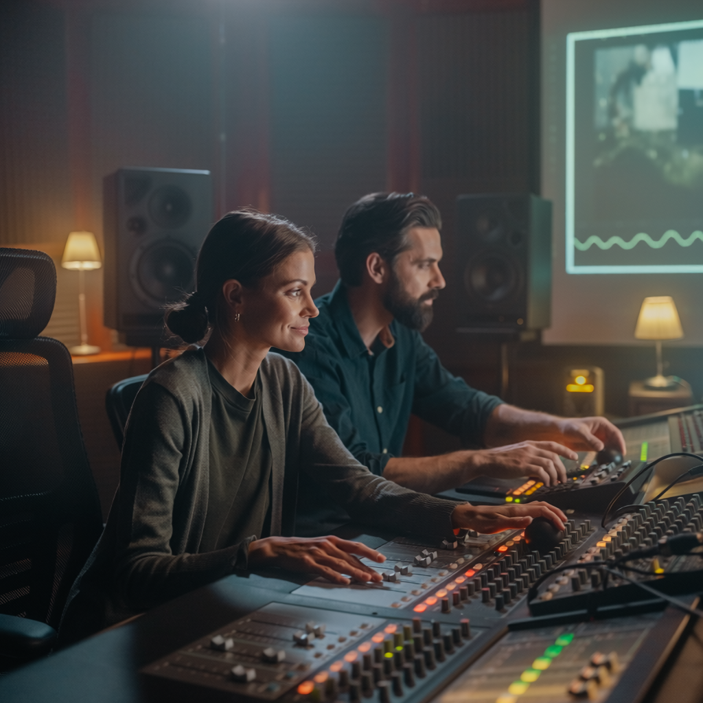 An editor and sound designer collaborate at a professional mixing console, showing human judgment remaining central in AI-assisted post-production.
