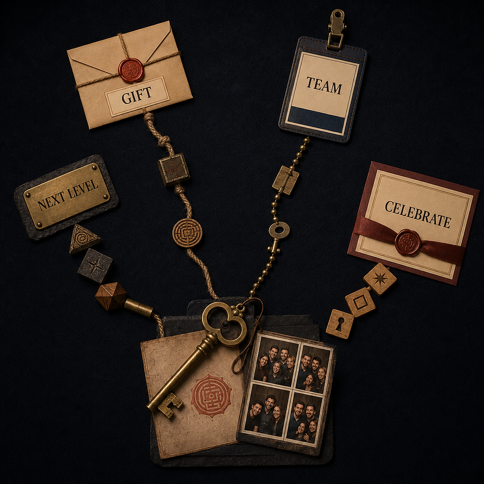 Escape-room artifacts branch one completed game into gift, team, next-level, and celebration occasions.