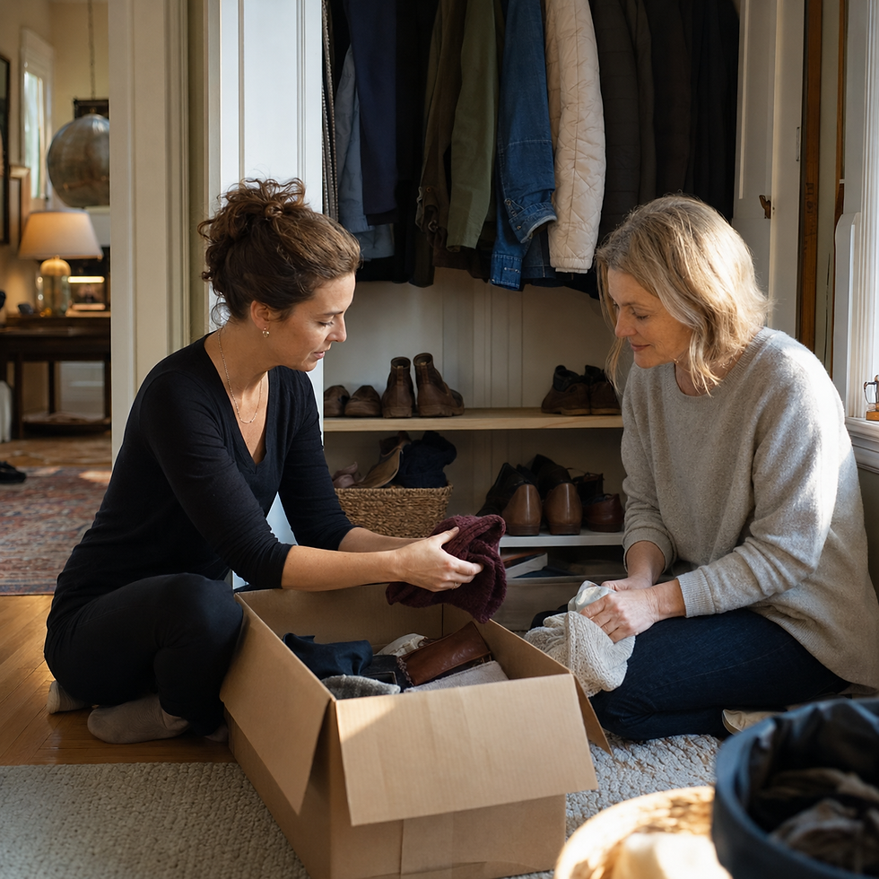 A home organizer and homeowner calmly sort belongings together beside an open closet
