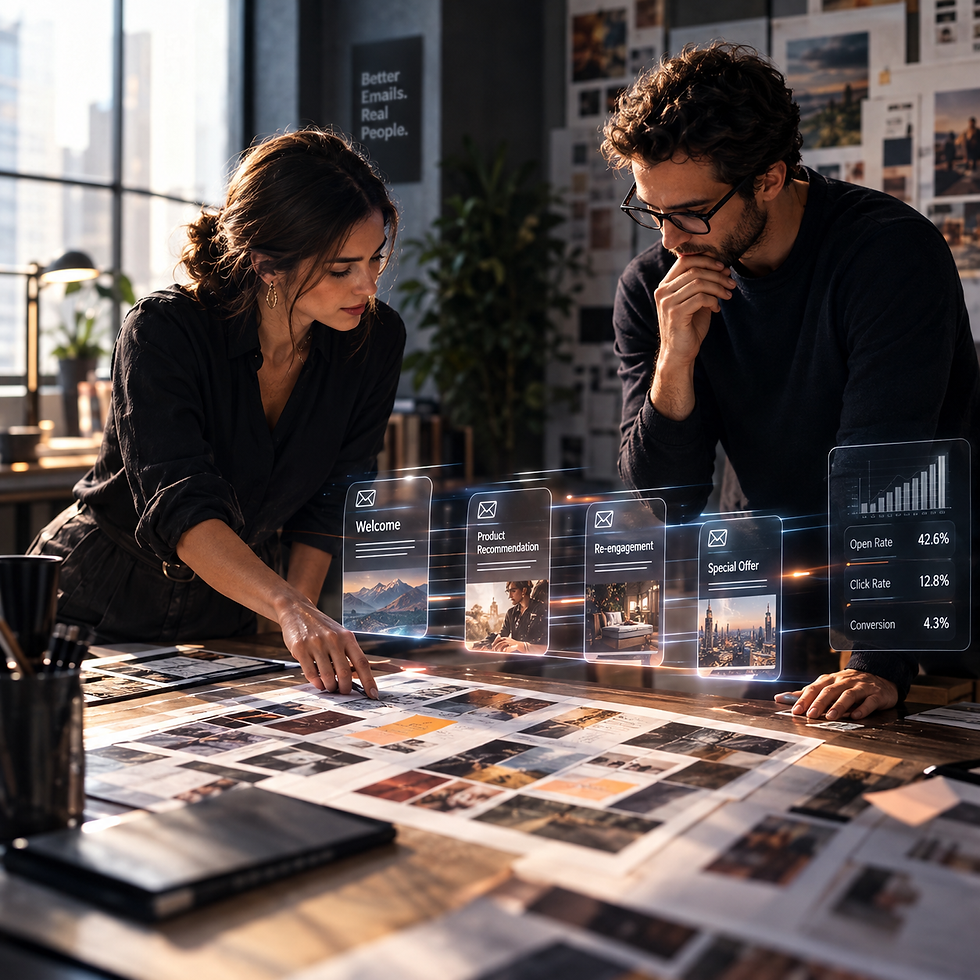 Creative team reviewing email campaign variations and performance signals